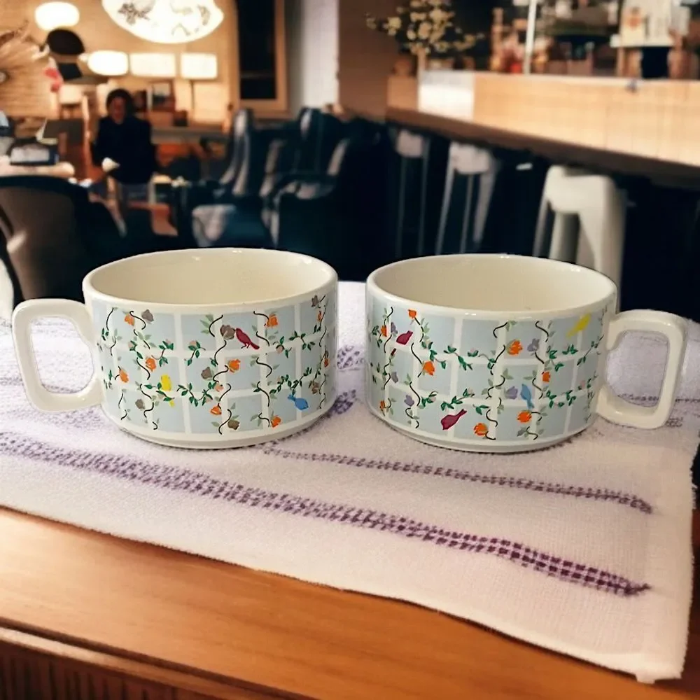 2 Vintage Soup Chili Mug Cup Ceramic Flowers Birds Pastel Pair Cottage 70s Retro